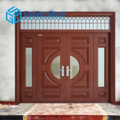 Cửa thép vân gỗ 2 cánh lớn dùng cho cửa biệt thự có ô fix hiện đại